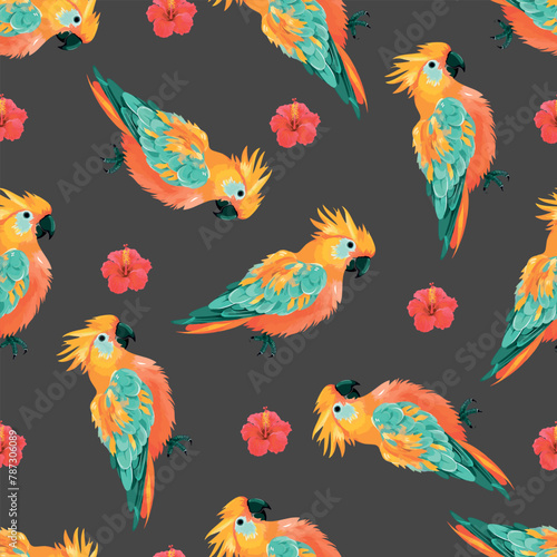 Rainbow parrots. Seamless pattern of tropical birds. For printing on paper. textiles  blanks for designers