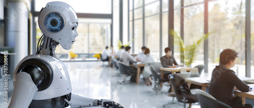 In a modern office, a robot turns its head, looking over employees working at their desks, symbolizing AI in the workplace