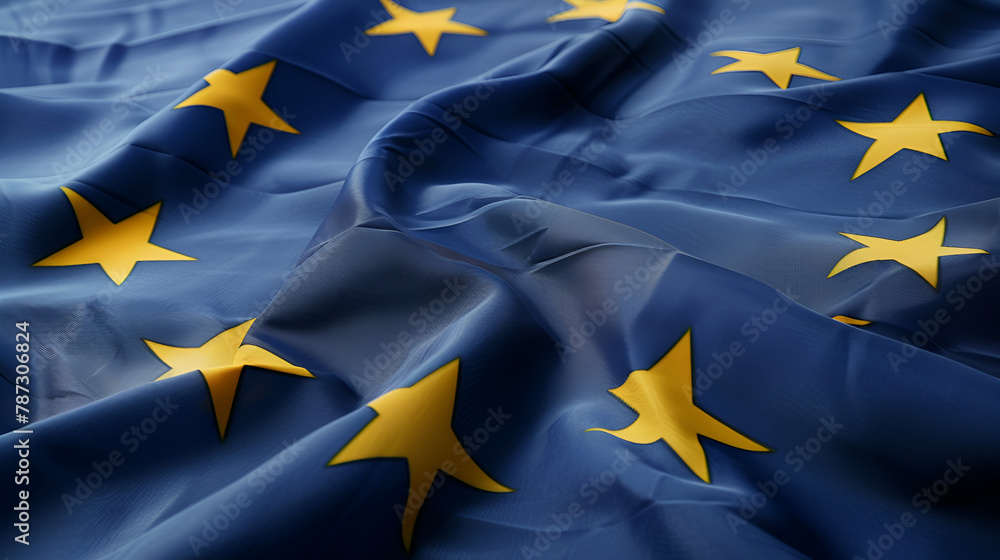 European Union flag waving in the wind. Close up of Europe banner blowing, soft and smooth silk. Cloth fabric texture ensign background. Use it for national day and country occasions concept. European Union flag waving in the wind. Close up of Europe banner blowing, soft and smooth silk. Cloth fabric texture ensign background. Use it for national day and country occasions concept.