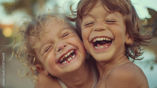 A close-up of two laughing children with sunlit hair and joyous expressions