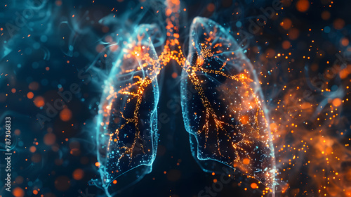 A stunning digital rendering of bright, luminous human lungs surrounded by floating particles #787306833