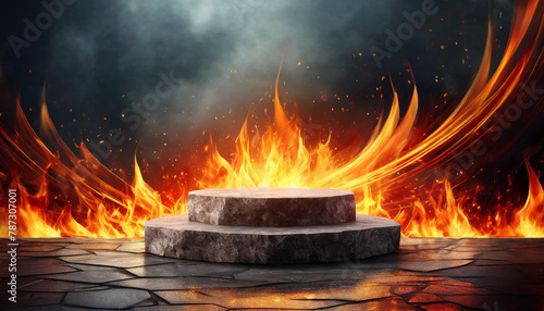 Stone podium with fire flames on dark background. Abstract empty pedestal for product presentation.