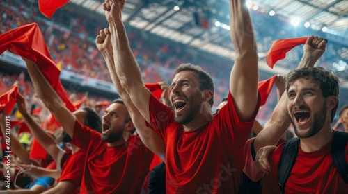 group of happy men with red soccer shirts in the stadium with red flags cheering for the team in high resolution and high quality © Marco