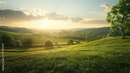 a summer sunrise over a rolling countryside  with warm sunlight casting long shadows across the lush green fields. 