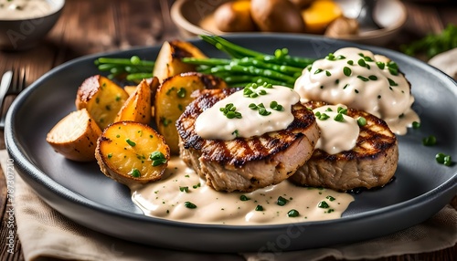 Pork meat medallions with baked potatoes and cream sauce 