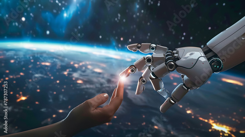 A futuristic image depicting a robotic hand reaching towards a human hand with a cosmic galaxy background, signifying human-robot connectivity