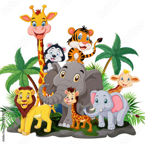 cartoon picture of animals on safari on a white background. No shadows