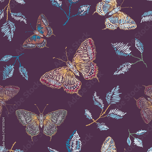 seamless pattern with butterflies . Leaves and butterflies  with pink background .Embroidery colorful pattern . 