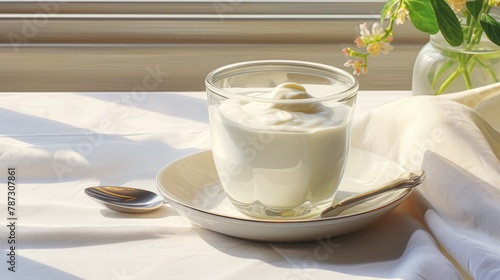 Close up of glass with white yogurt. Fresh drink. Free space for text.