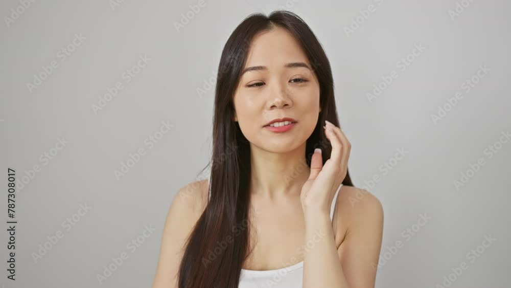 A young asian woman with a white isolated background poses confidently, exhibiting beauty and simplicity. A young asian woman with a white isolated background poses confidently, exhibiting beauty and simplicity.