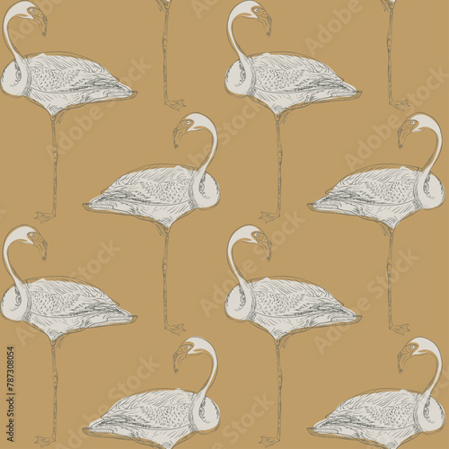 Title: Seamless pattern with flamingo pattern. Abstract summer tropical print on yellow background. Vector graphics.