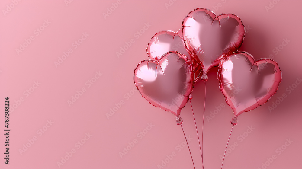 Pink heart shaped helium balloons on pink background, generative Ai