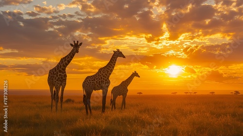 Three giraffes standing in a field during sunset.