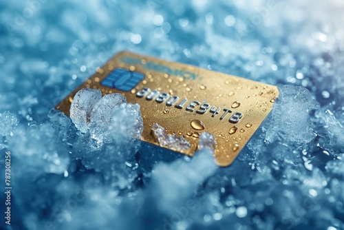 Golden credit card floating in the water, frozen in ice.