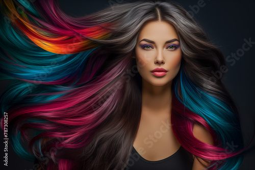 young and beautiful woman with long rainbow colors and black hair art design