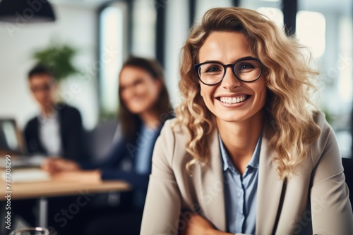 Happy businesswoman smiling while sitting at a meeting table with colleagues in the office.