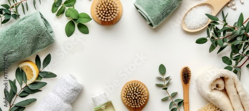 Eco friendly spa accessories still life on white background with copy space for text