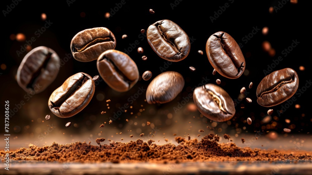Roasted coffee beans in levitation on black background creating a captivating visual Roasted coffee beans in levitation on black background creating a captivating visual