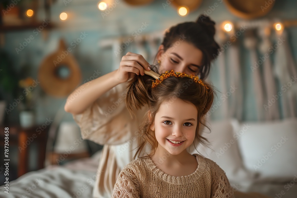 A woman carefully combing a little girls hair in a bedroom. A woman carefully combing a little girls hair in a bedroom.