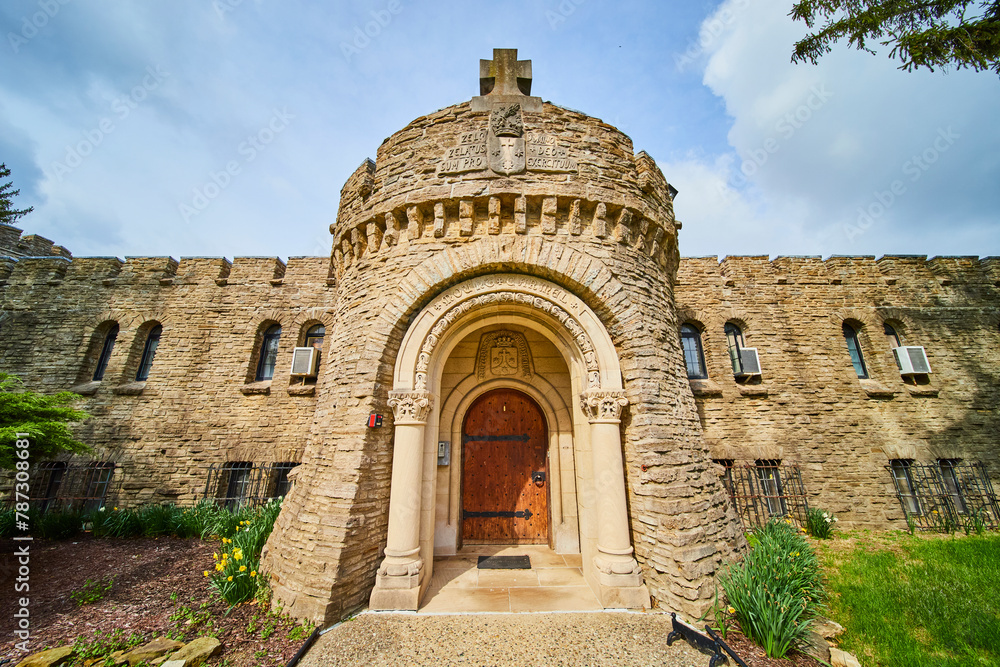 Fototapeta premium Springtime at Historic Seminary Tower with Garden View