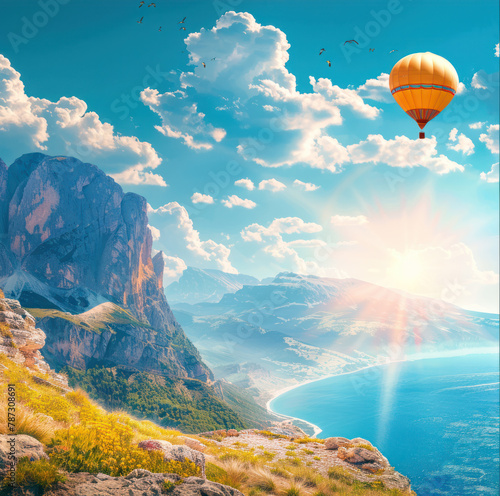 Beautiful landscape with rising sun, sea coast and mountains and aerostat in the sky