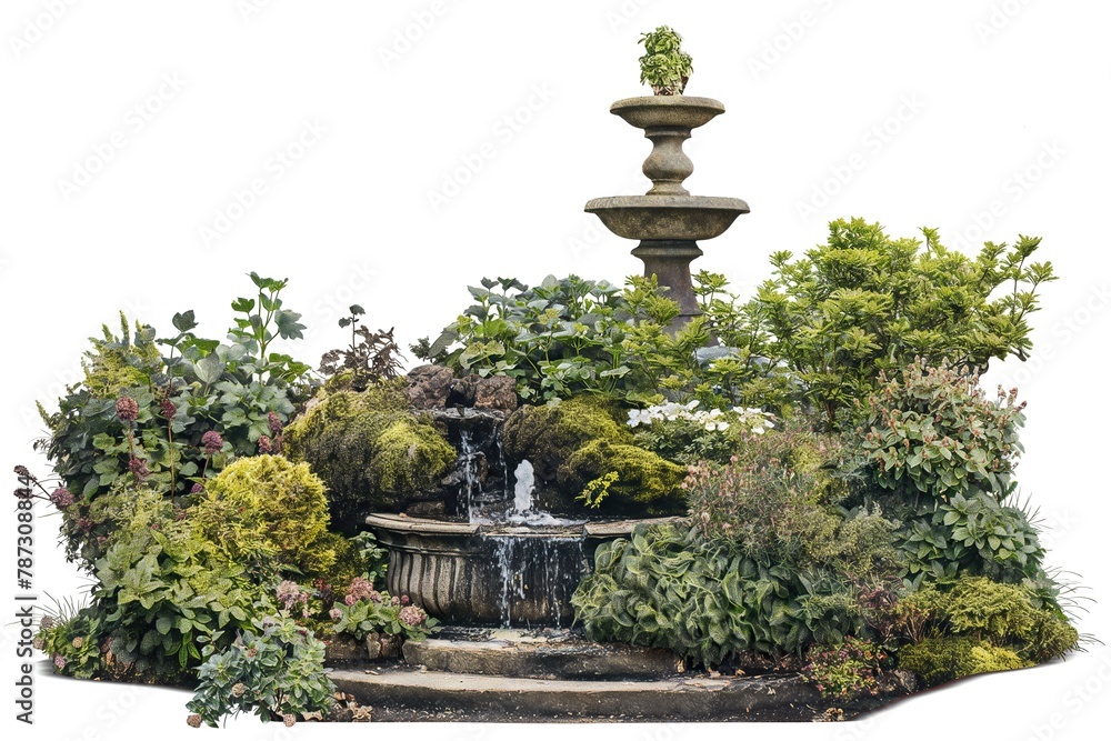 A garden featuring a fountain surrounded by lush trees.