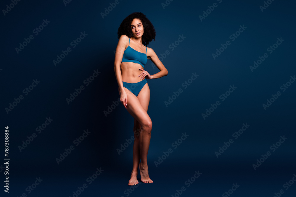 No retouch photo of sweet adorable lady underwear lingerie loving herself empty space isolated blue color background