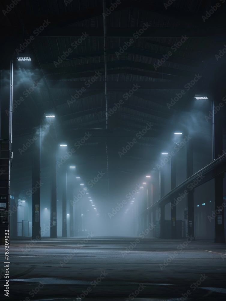 A dimly lit industrial area at night, enveloped in mist with glowing street lights. A dimly lit industrial area at night, enveloped in mist with glowing street lights.