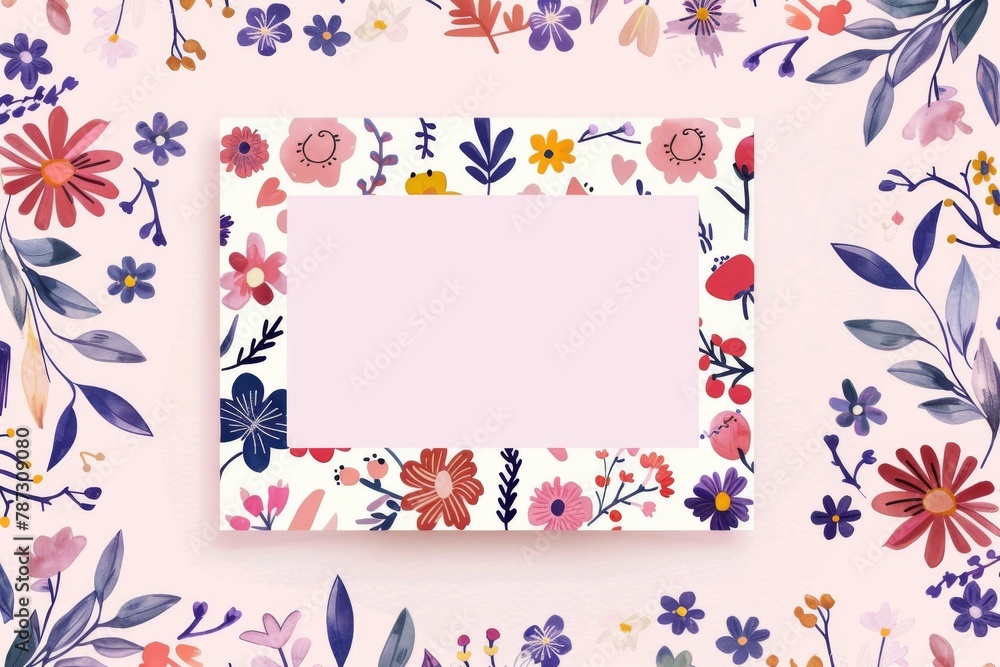 Fototapeta premium A watercolor painting of a floral frame with a pink background.