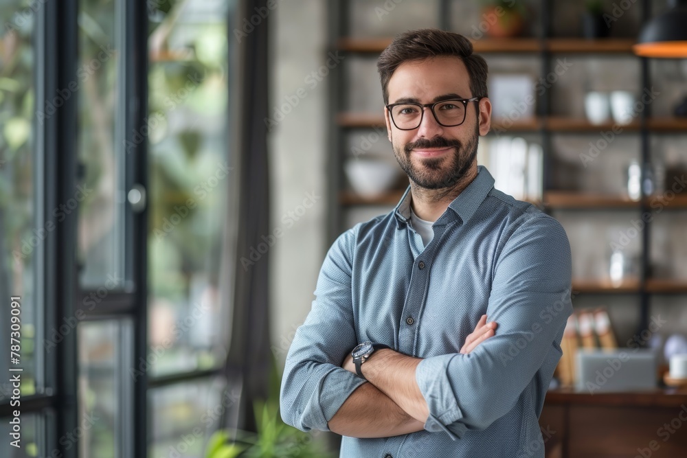 Portrait of a handsome smiling businessman standing with his arms crossed in a modern office, looking at the camera while wearing glasses and a casual outfit in the style of the copy space concept Portrait of a handsome smiling businessman standing with his arms crossed in a modern office, looking at the camera while wearing glasses and a casual outfit in the style of the copy space concept