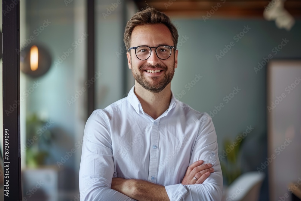 Portrait of a handsome smiling businessman standing with his arms crossed in a modern office, looking at the camera while wearing glasses and a casual outfit in the style of the copy space concept Portrait of a handsome smiling businessman standing with his arms crossed in a modern office, looking at the camera while wearing glasses and a casual outfit in the style of the copy space concept
