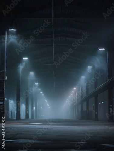 A dimly lit industrial area at night, enveloped in mist with glowing street lights.
