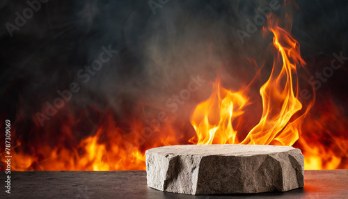 Stone podium with fire flames and smoke on dark background. Abstract empty pedestal