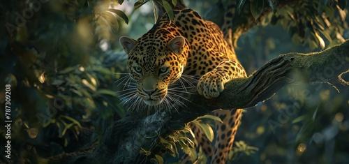 A vigilant leopard with sharp gaze rests on a branch amid the verdant foliage basking in a serene sunlight