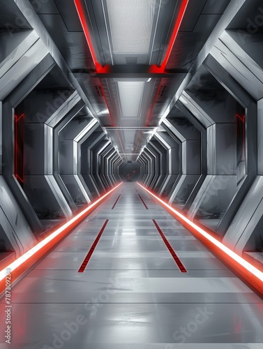 A long, futuristic corridor with a vanishing point perspective. The walls, floor, and ceiling are metallic with geometric patterns and structures. Red lights accentuate the edges of the corridor.