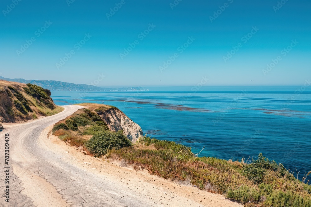 Empty Coastal Road Winding Along a Cliffside on a Hot Sunny Day