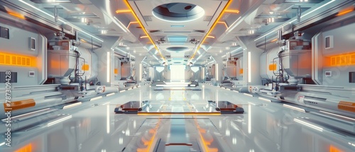 A futuristic industrial laboratory with white clean lines and orange neon accents, showcasing a high-tech research environment.