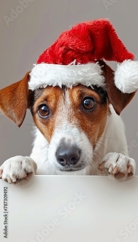 Playful puppy in christmas hat peeking behind blank banner in a cute and funny manner © Ilja