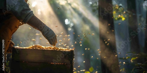 Hardworking beekeeper in protective gear tends to buzzing beehive in a tranquil, sunlit forest