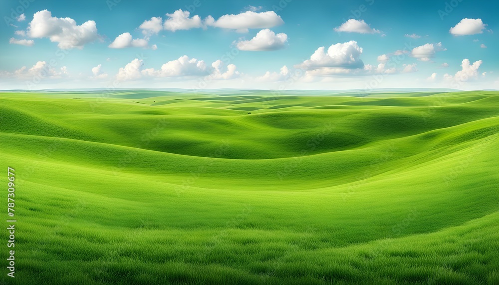 Panoramic natural landscape with green grass field and blue sky with clouds with curved horizon line. Panorama summer spring meadow	