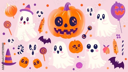 Cute Halloween pumpkins and ghost on a pink background.