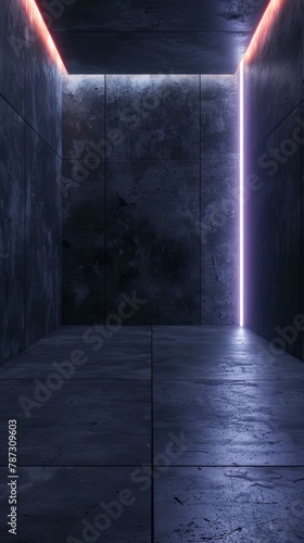 A minimalist concrete chamber with a singular, atmospheric pink neon line cutting through the darkness. © burntime555