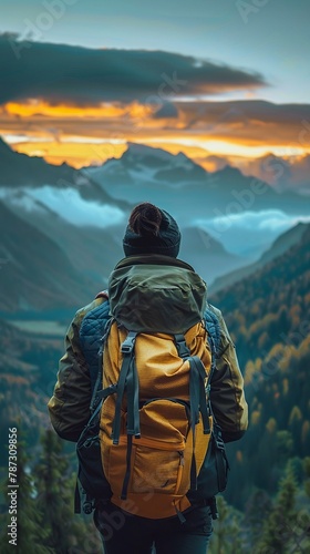 A man standing on a mountaintop overlooking a beautiful landscape.