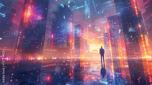 A man standing in the middle of a futuristic city with skyscrapers and bright lights.