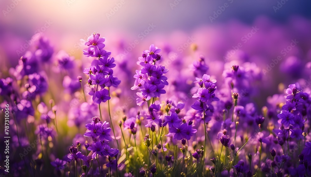 Fototapeta premium Spring flowering bloom wallpaper. Many lilac purple wild flowers in forest on glade glow in sun on a dark background macro soft focus. Spring templates, amazing magic artistic image 