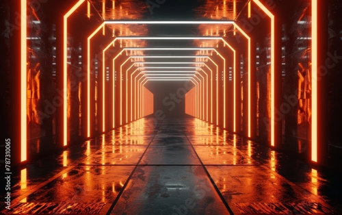A spectacular futuristic corridor with glowing orange walls and parallel geometric lines, creating an otherworldly and cinematic atmosphere.