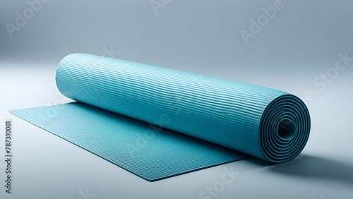 A yoga mat on a solid color background, promoting healthy living and exercise concepts photo