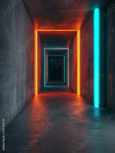 A dark corridor illuminated by vibrant blue and red neon lights creating a futuristic atmosphere.