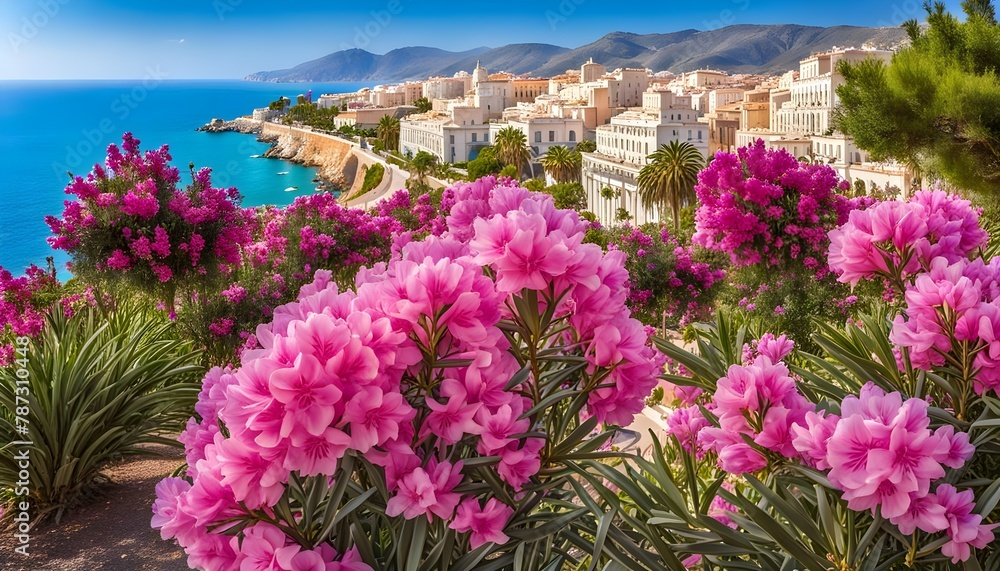 Beautiful resort promenade with blooming colorful oleanders against the backdrop of the Mediterranean Sea and the blue sky	