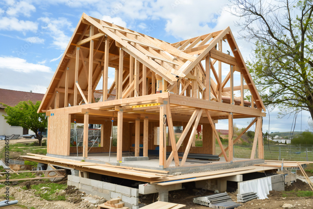 Construction of wooden frame house, assembly of frame house, warm and ecological modern house Construction of wooden frame house, assembly of frame house, warm and ecological modern house